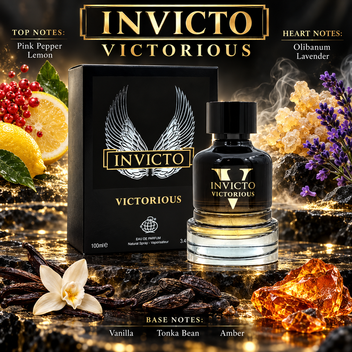 Fragrance World Invicto Victorious fragrance notes: top Pink Pepper, Lemon; heart Olibanum, Lavender; base Vanilla, Tonka Bean, Amber