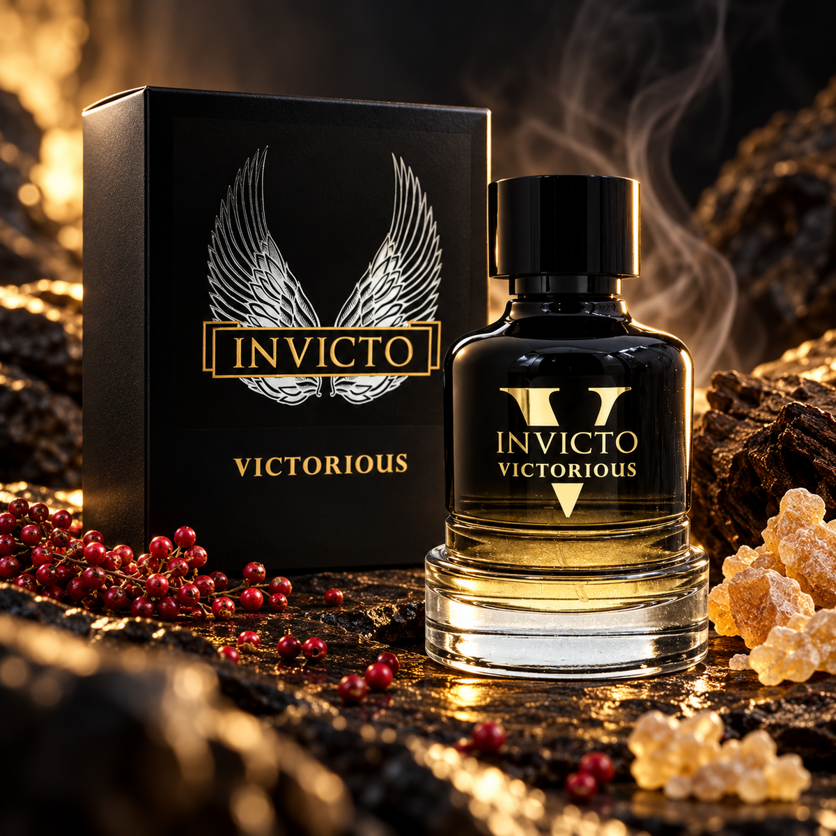 Fragrance World Invicto Victorious 100ml bottle and original box in a cinematic scent-inspired composition