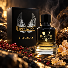 Fragrance World Invicto Victorious 100ml bottle and original box in a cinematic scent-inspired composition