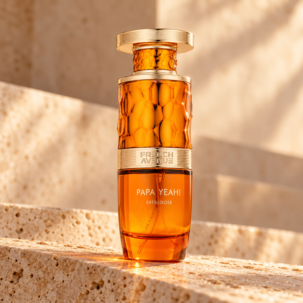 Papa Yeah! Extradose bottle alone on ivory travertine from a low three-quarter angle