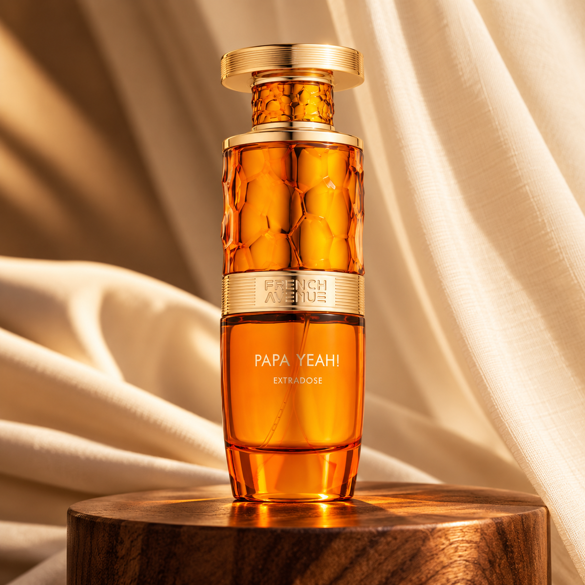 Papa Yeah! Extradose 100ml amber bottle in warm cinematic light on walnut