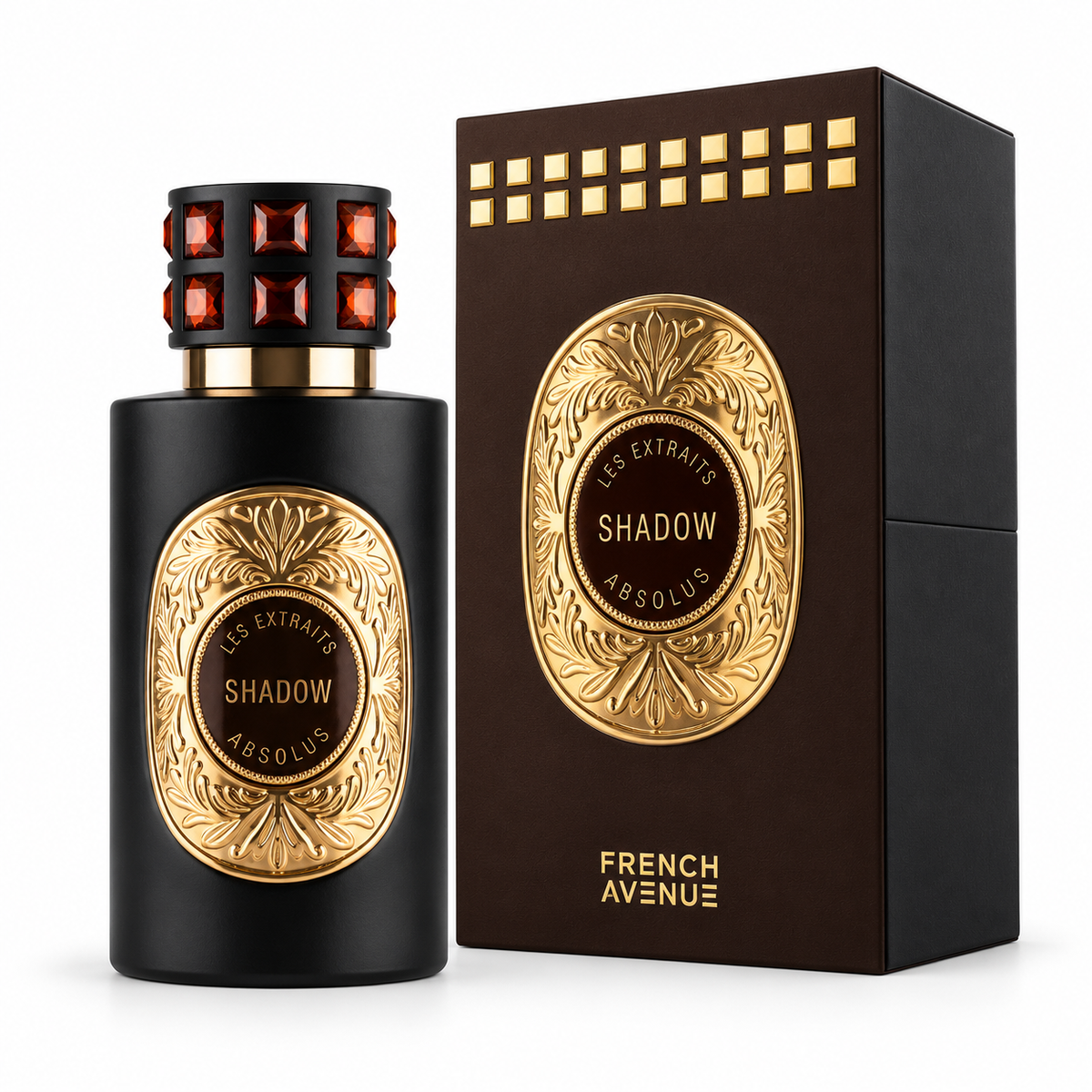 French Avenue Les Extraits Absolus Shadow 60ml bottle and matching brown retail box on white