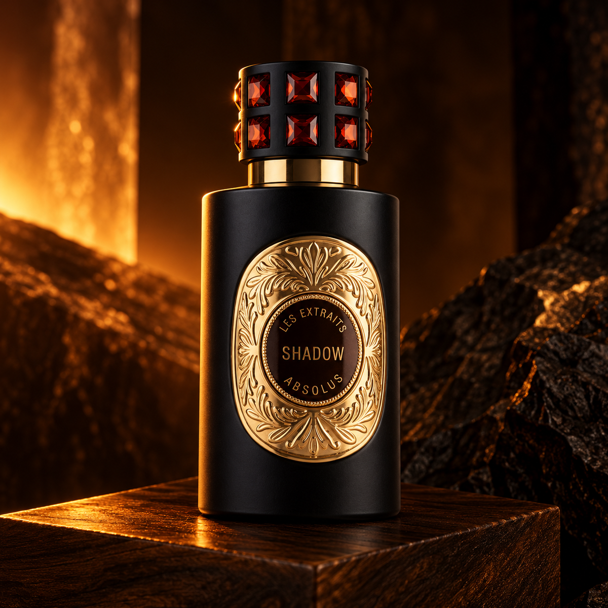 Les Extraits Absolus Shadow 60ml bottle alone on walnut in cinematic amber light