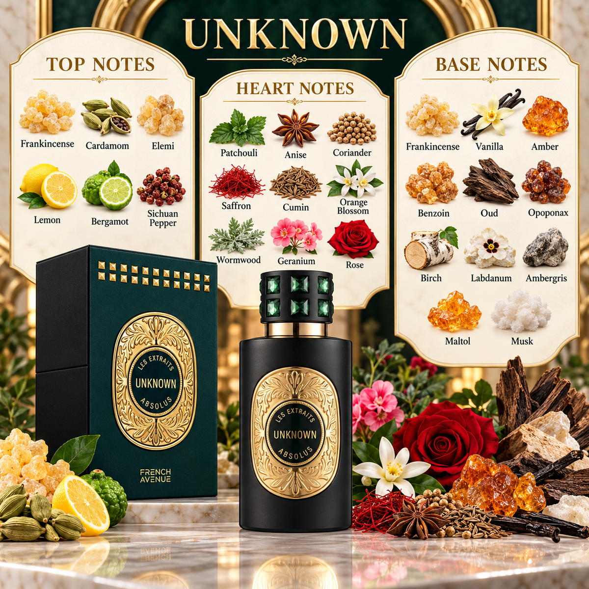 French Avenue Unknown fragrance notes infographic showing the full citrus-spice opening, aromatic floral heart and resinous woody base