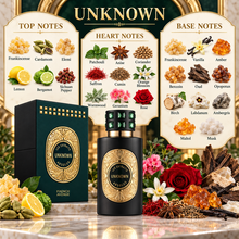 French Avenue Unknown fragrance notes infographic showing the full citrus-spice opening, aromatic floral heart and resinous woody base