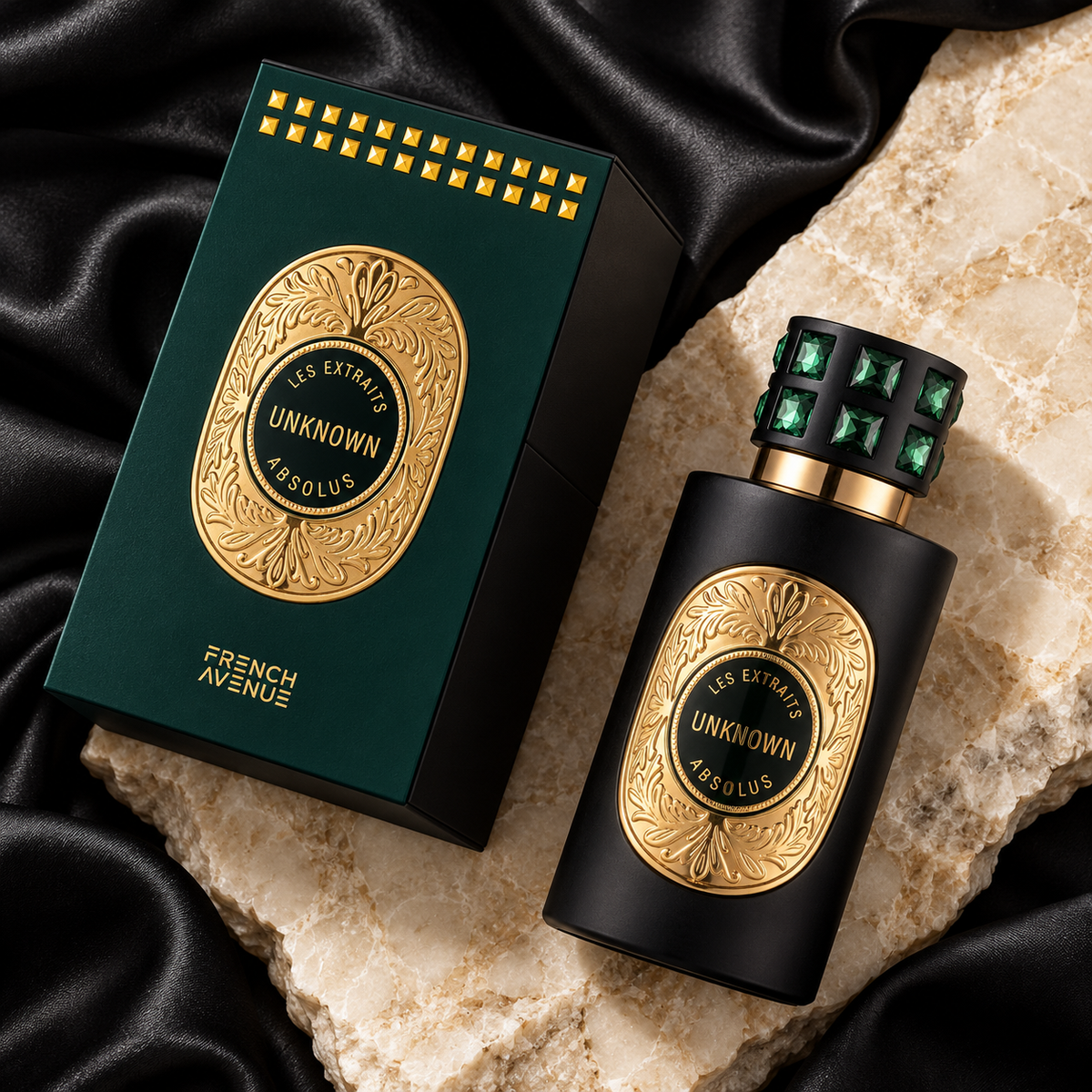 French Avenue Les Extraits Absolus Unknown 60ml bottle and matching box photographed overhead on silk and stone