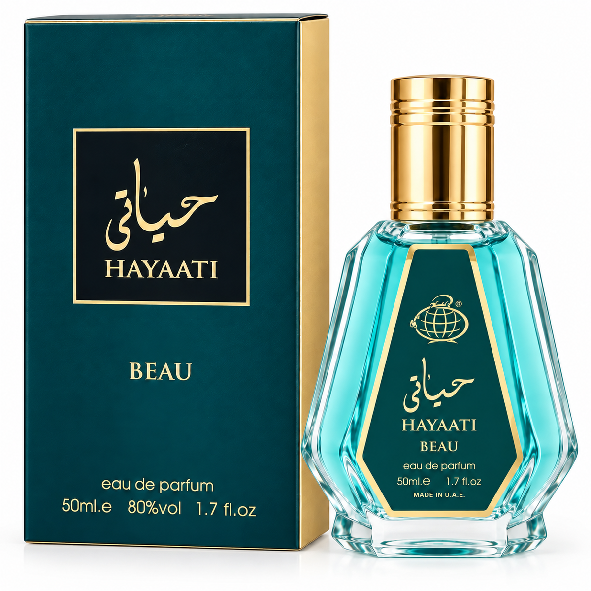 Hayaati Beau Eau de Parfum 50ml by Fragrance World bottle and box on a white background
