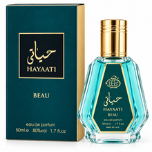 Hayaati Beau Eau de Parfum 50ml by Fragrance World bottle and box on a white background