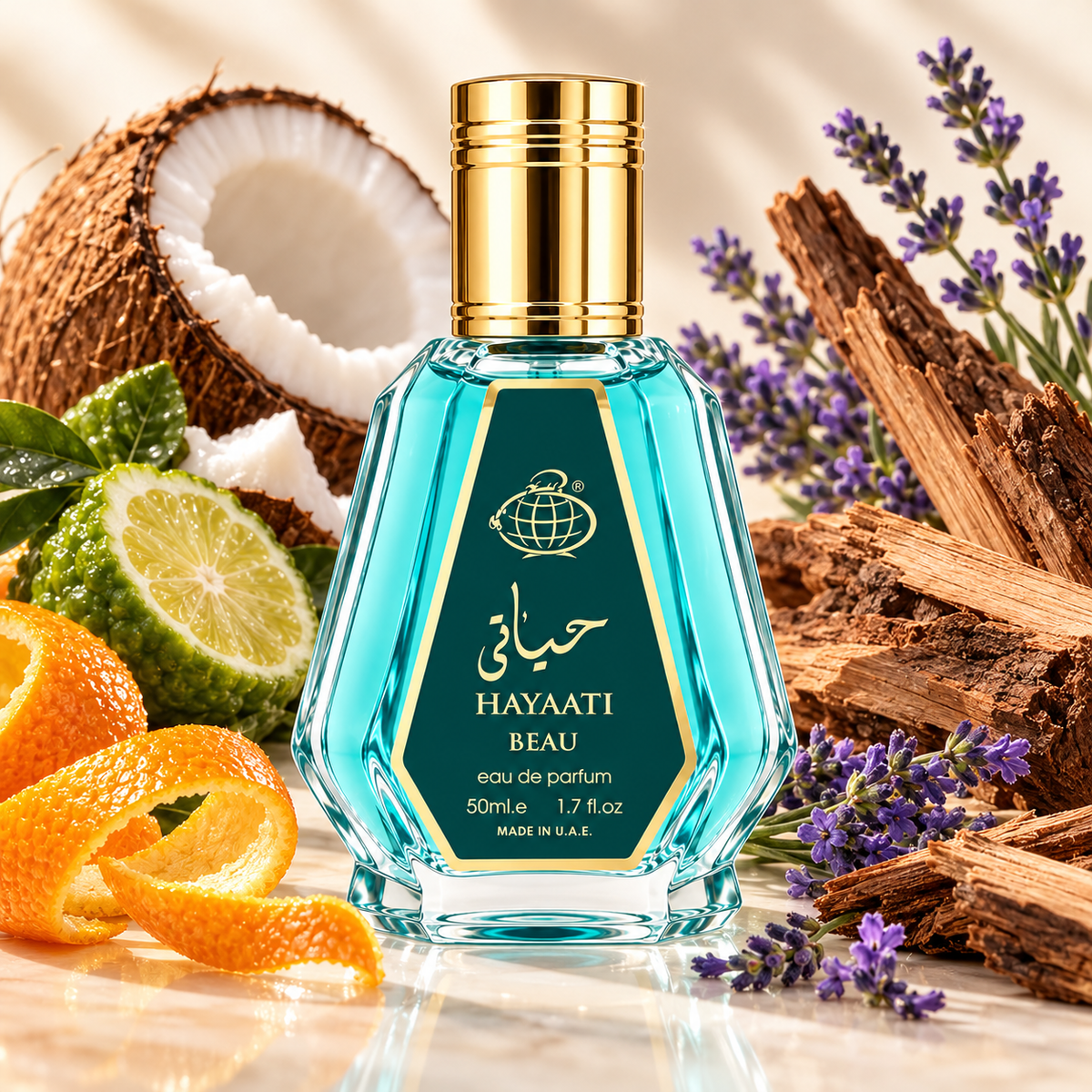 Hayaati Beau 50ml perfume with orange, bergamot, coconut, lavender and woody fragrance notes