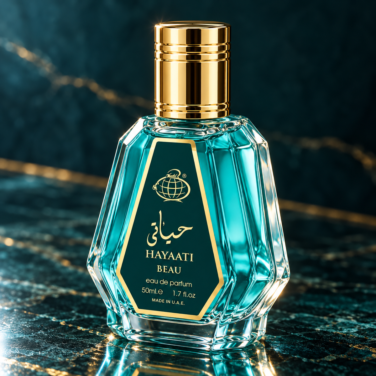 Hayaati Beau 50ml bottle from a three-quarter angle on dark teal stone