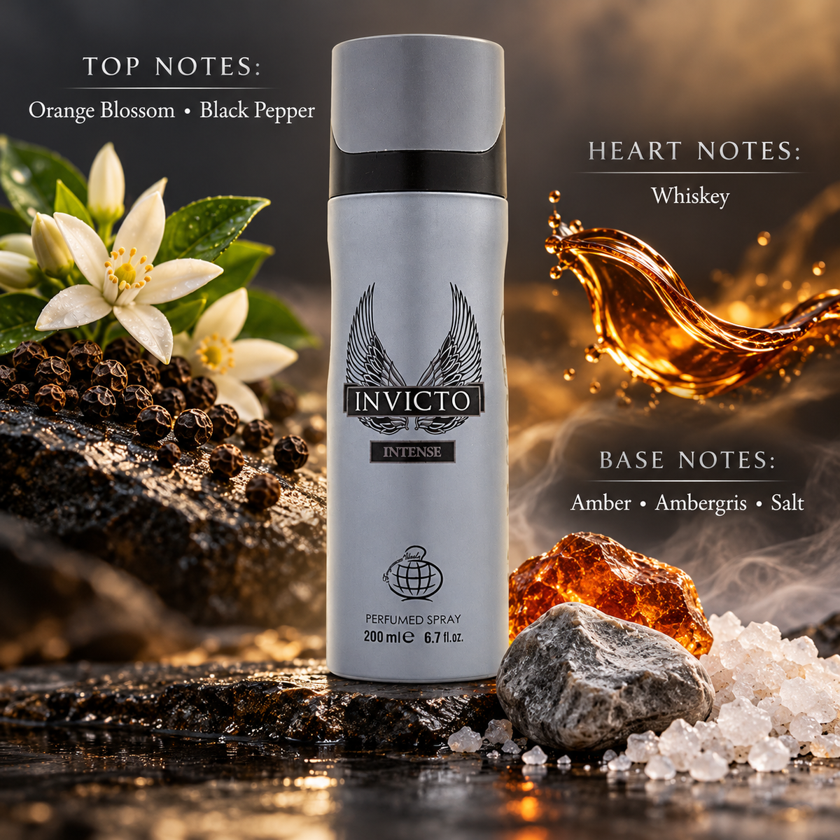 Invicto Intense scent notes: orange blossom black pepper; whiskey; amber ambergris salt