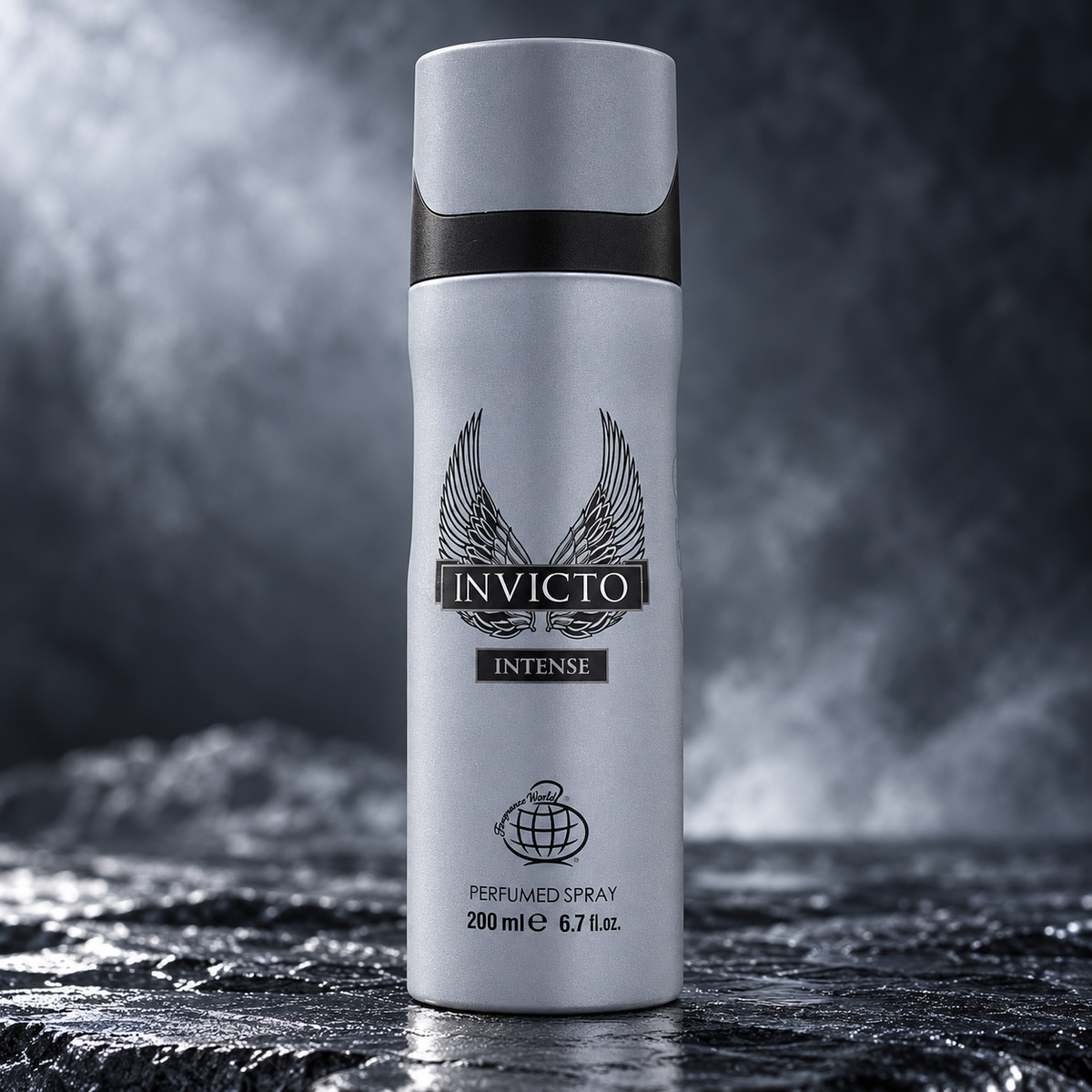Front label detail of original grey Invicto Intense perfumed spray 200ml can