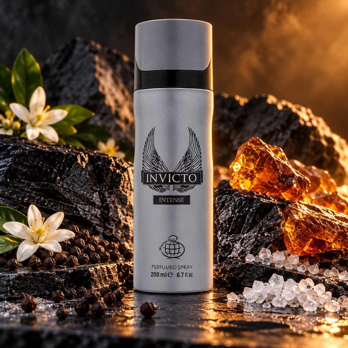Invicto Intense can with orange blossom black pepper amber resin and salt