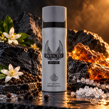 Invicto Intense can with orange blossom black pepper amber resin and salt