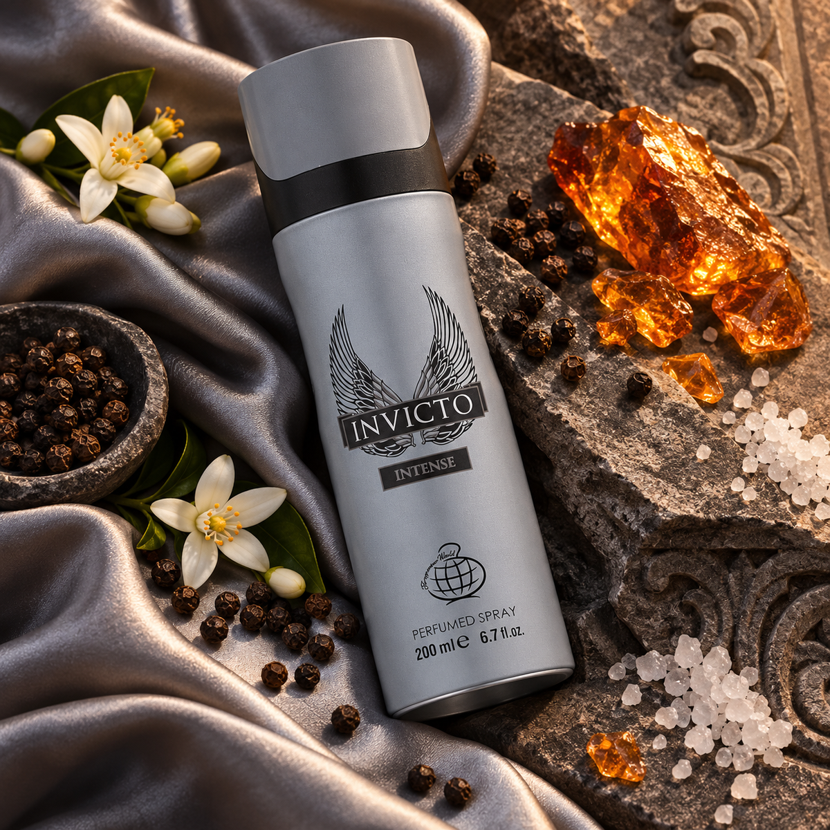 Overhead Invicto Intense capped grey spray can on silver silk with orange blossom pepper amber and salt