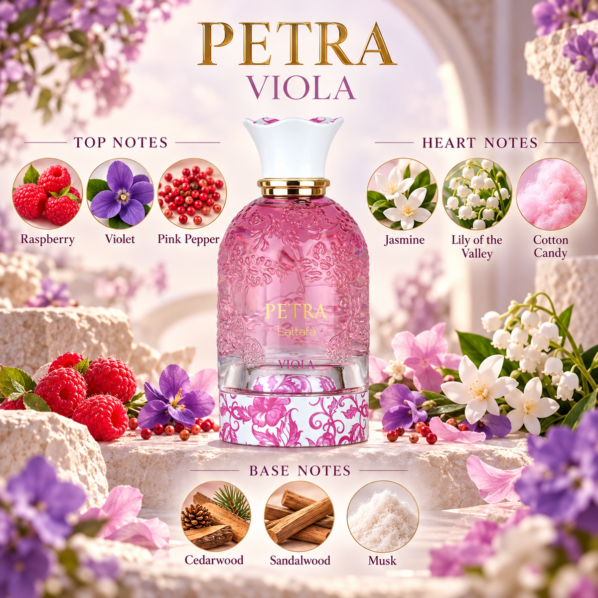 Petra Viola notes: raspberry, violet and pink pepper; jasmine, lily of the valley and cotton candy; cedarwood, sandalwood and musk