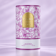 Original Lattafa Petra Viola 100ml cylindrical floral box with gold name plaque on a lilac background