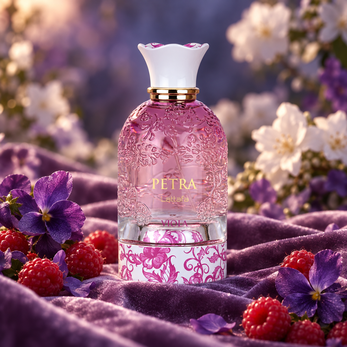 Lattafa Petra Viola perfume on purple velvet surrounded by raspberries, violets and softly lit white flowers