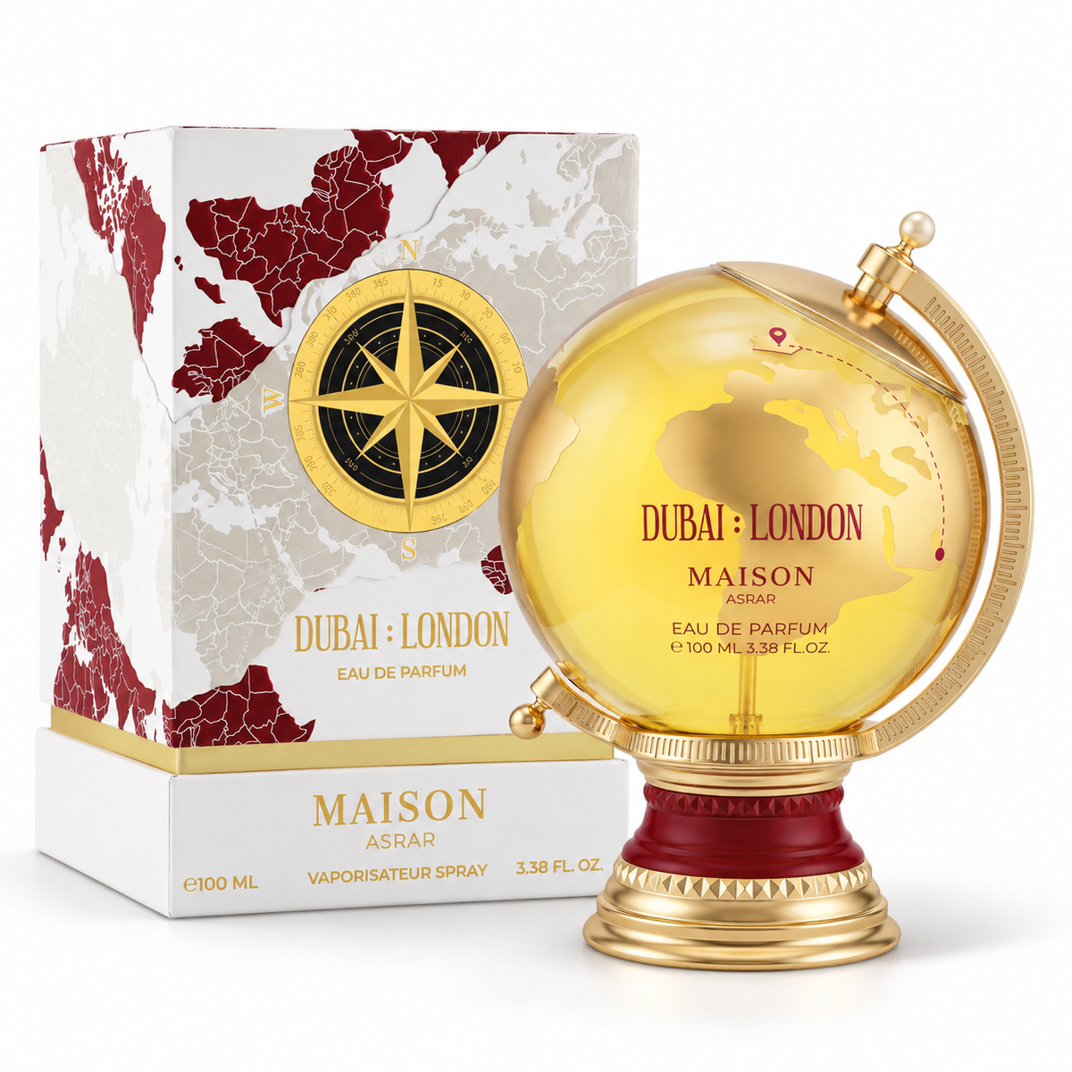 Maison Asrar Dubai London Eau de Parfum 100ml globe bottle and original box on white