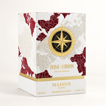 Original Dubai London 100ml perfume box with burgundy map and gold compass