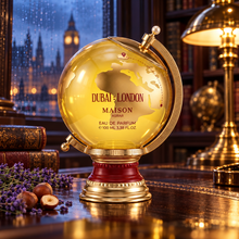 Dubai London perfume bottle with lavender and hazelnuts in an evening library setting