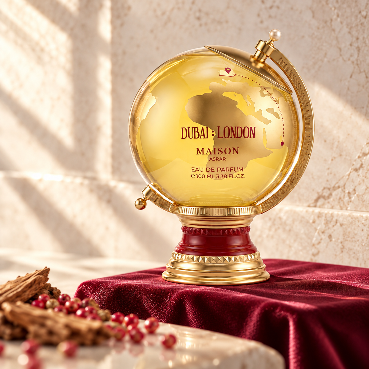Dubai London globe bottle on burgundy fabric with pink peppercorns and cedar