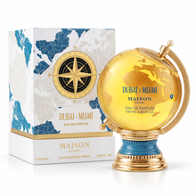 Maison Asrar Dubai Miami 100ml Eau de Parfum globe bottle and original box on white