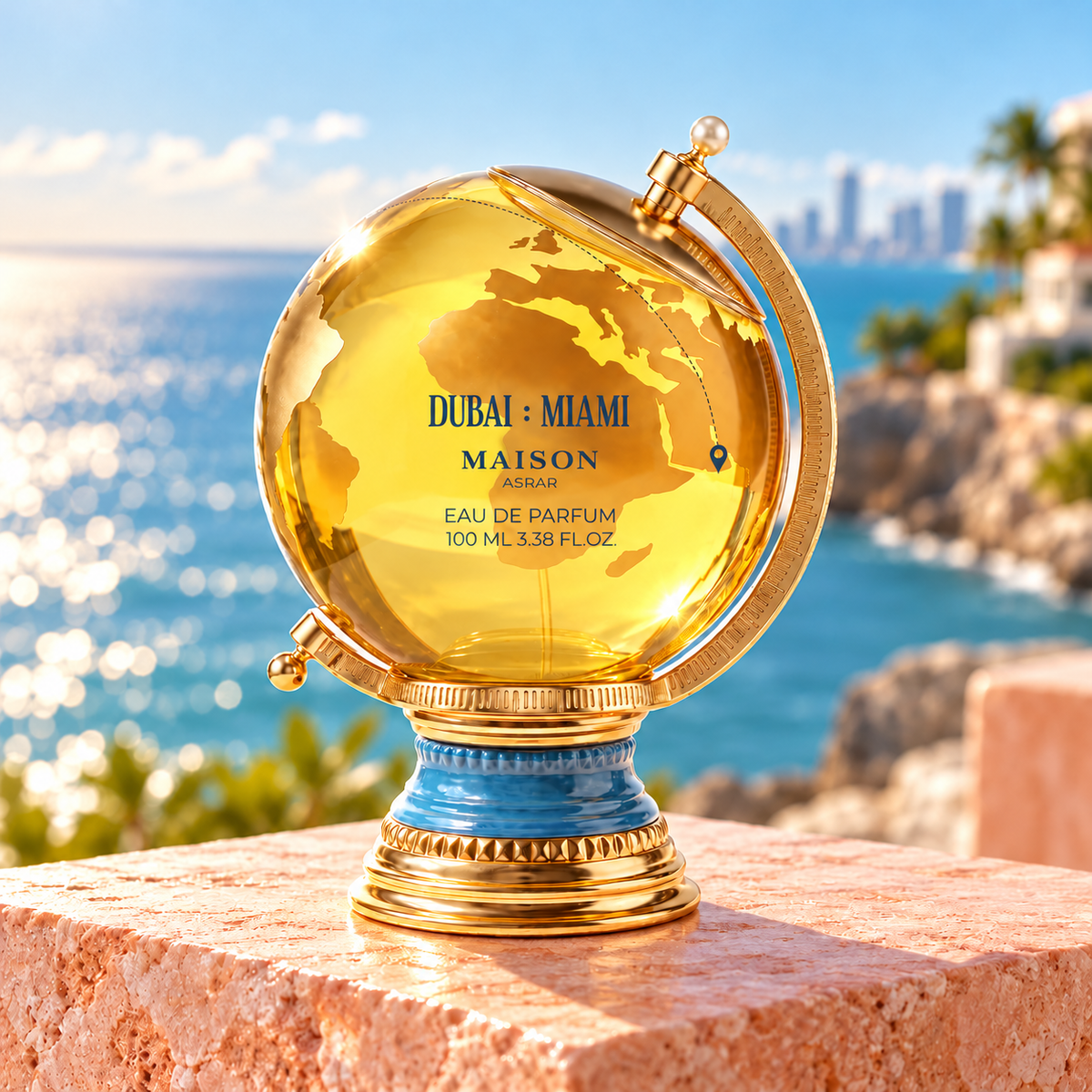 Dubai Miami perfume bottle with gold globe and blue pedestal against a coastal backdrop
