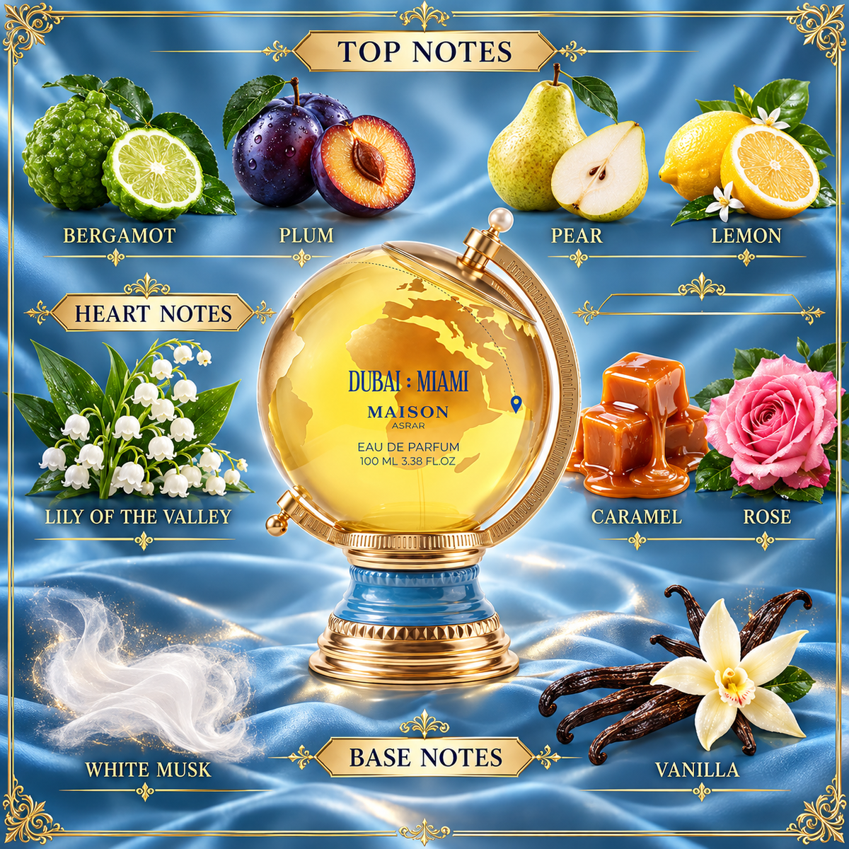 Dubai Miami fragrance notes: bergamot plum pear lemon; lily of the valley caramel rose; white musk vanilla