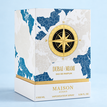 Original Maison Asrar Dubai Miami 100ml box with blue world map and gold compass