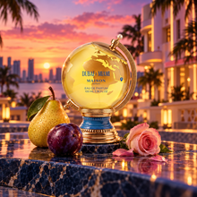Dubai Miami perfume with pear plum and rose in a sunset editorial setting