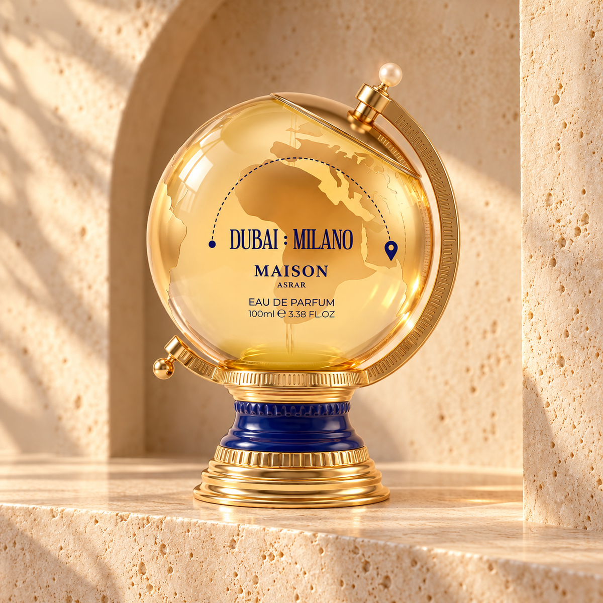 Dubai Milano 100ml globe perfume bottle in a sunlit stone alcove