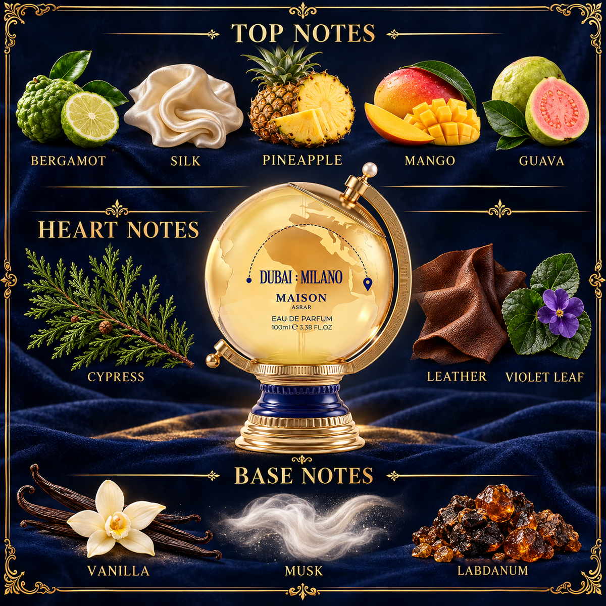 Dubai Milano fragrance notes: bergamot, silk, pineapple, mango, guava; cypress, leather, violet leaf; vanilla, musk and labdanum