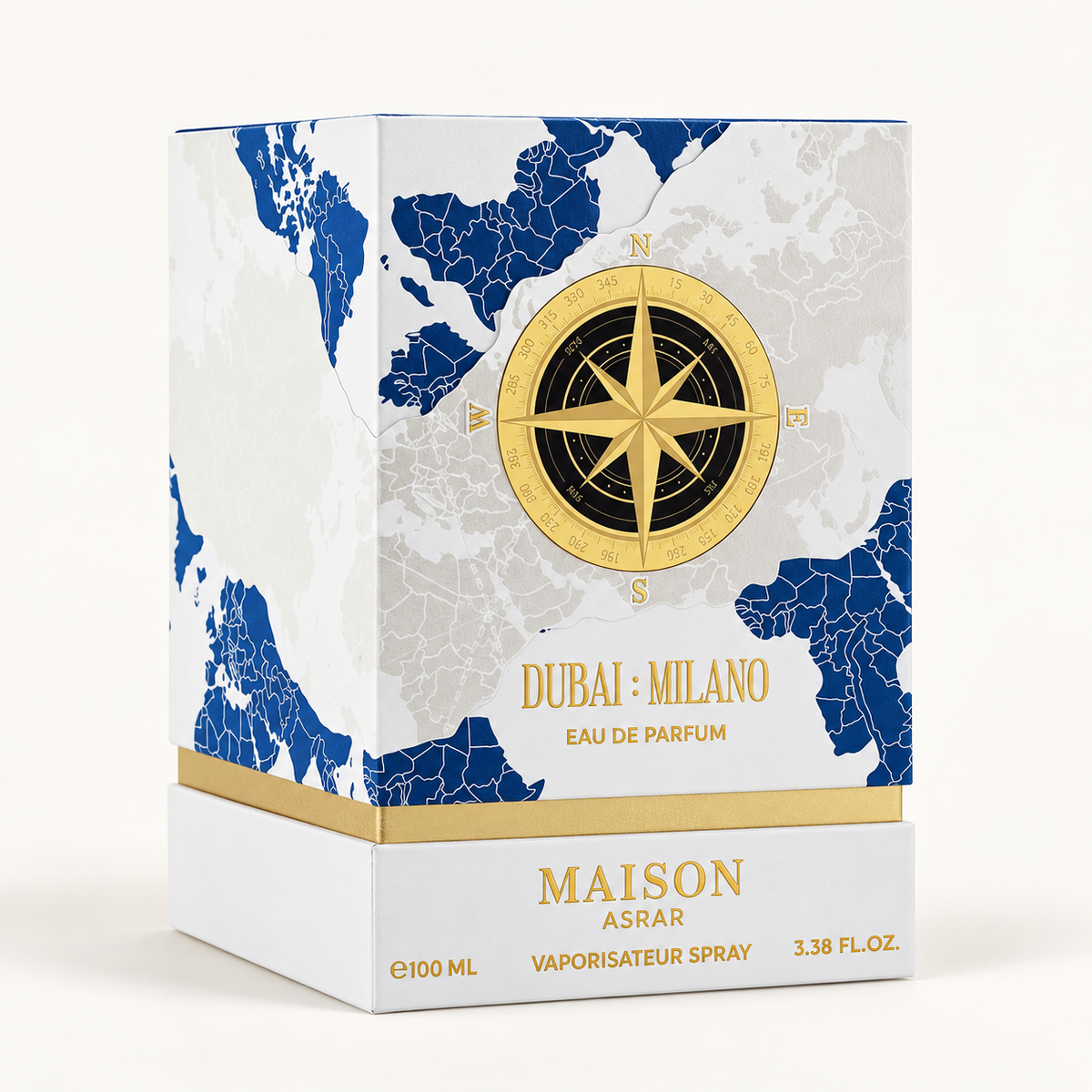 Original Maison Asrar Dubai Milano 100ml perfume box with blue map and gold compass design
