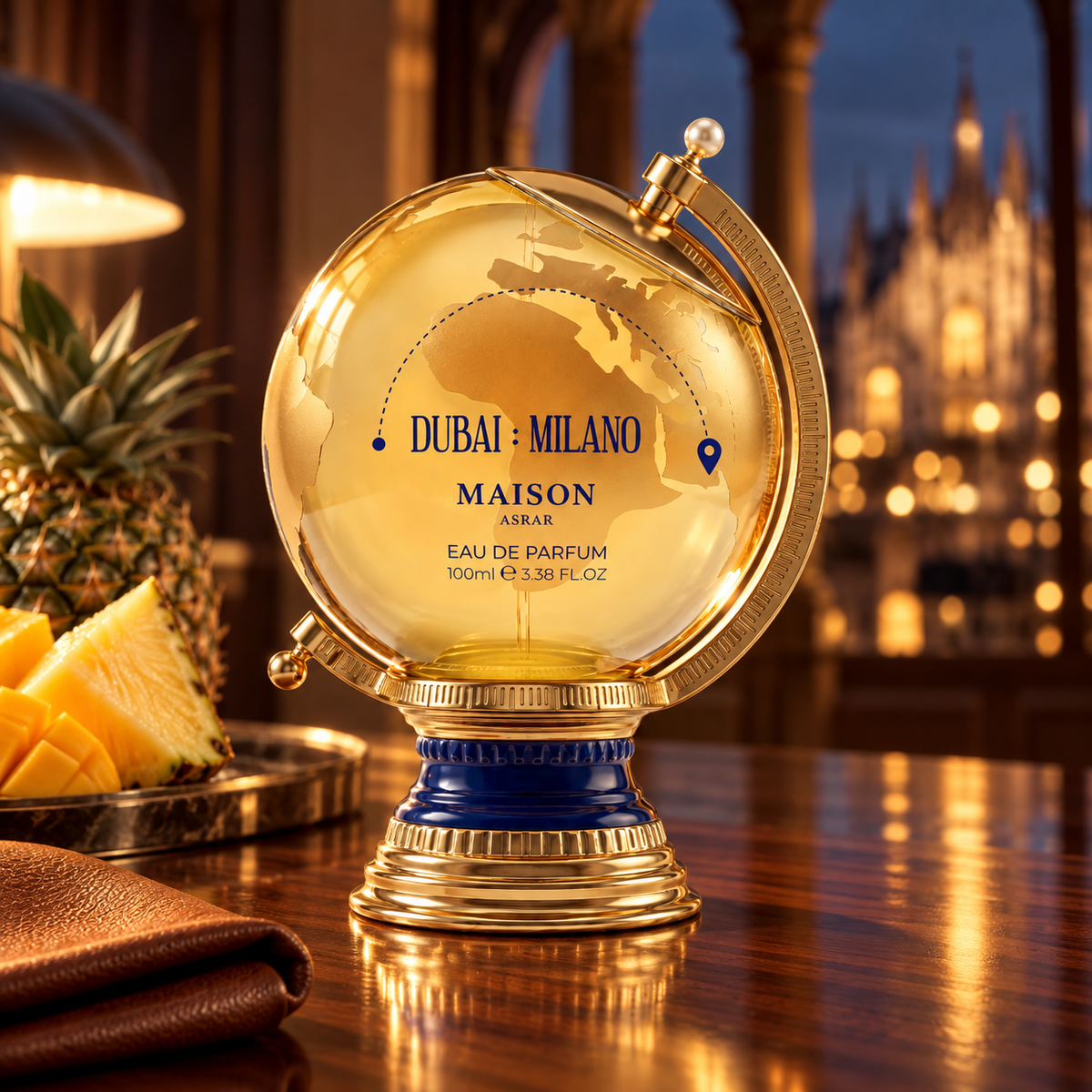 Dubai Milano globe perfume bottle with tropical fruit and leather in an evening setting