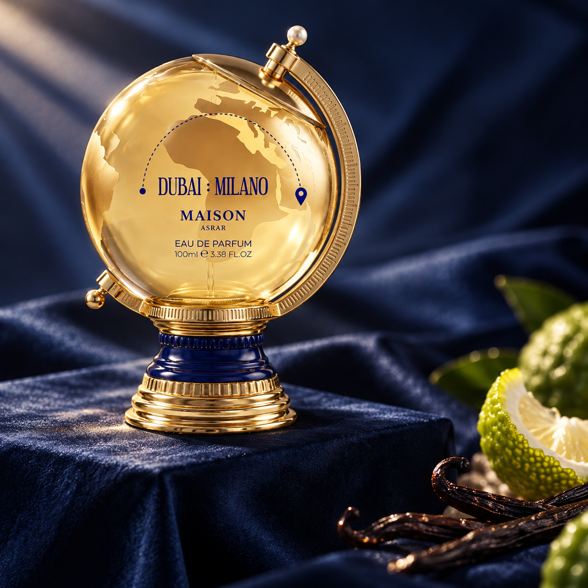 Dubai Milano 100ml bottle on navy fabric with bergamot and vanilla pods