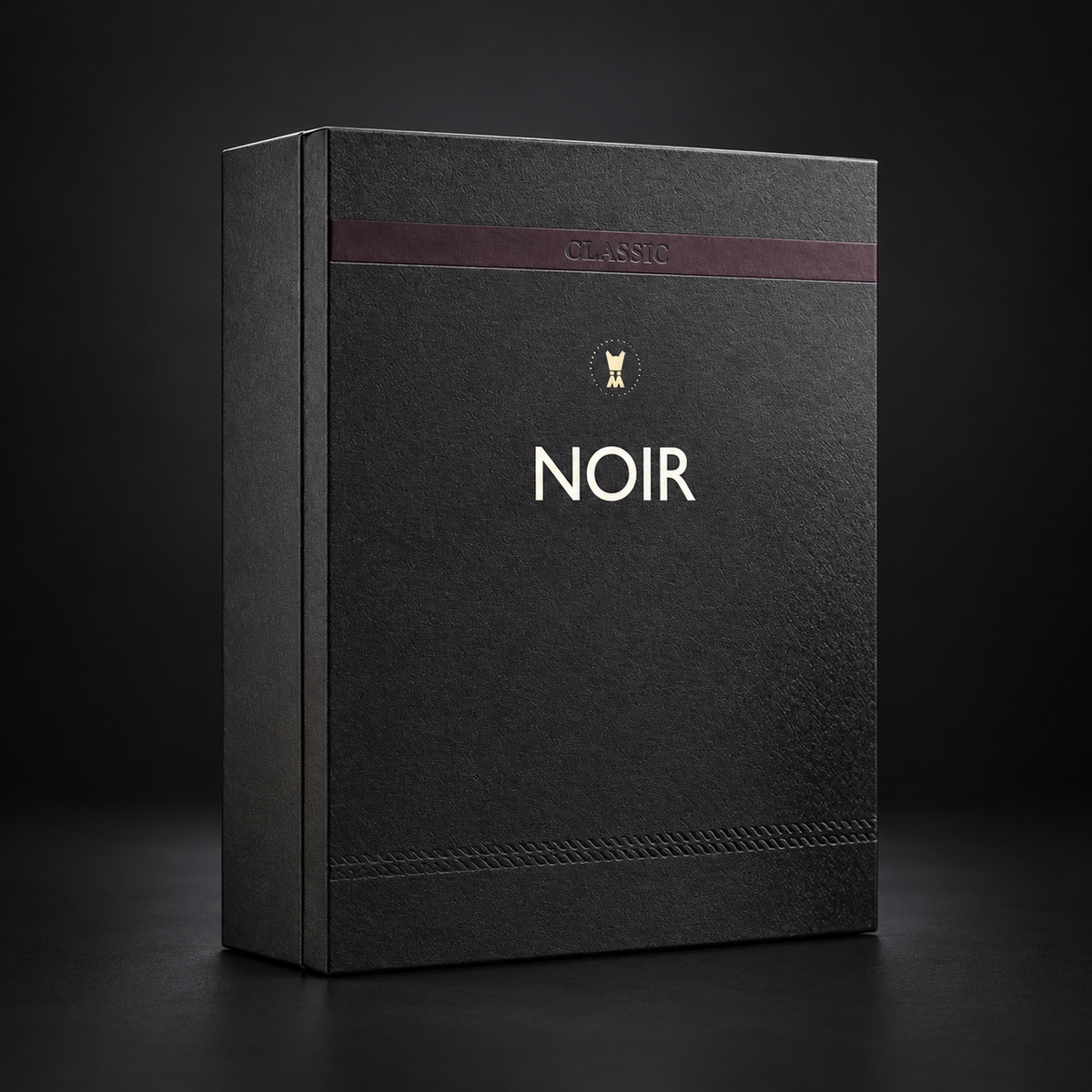 Original Al Majed Oud Noir Classic black gift box shown alone on a charcoal background