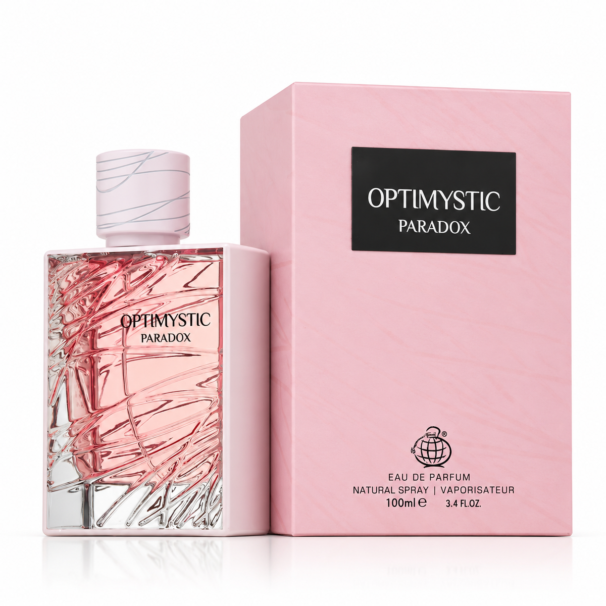 Optimystic Paradox EDP 100ml pink and silver bottle with original pink box on white