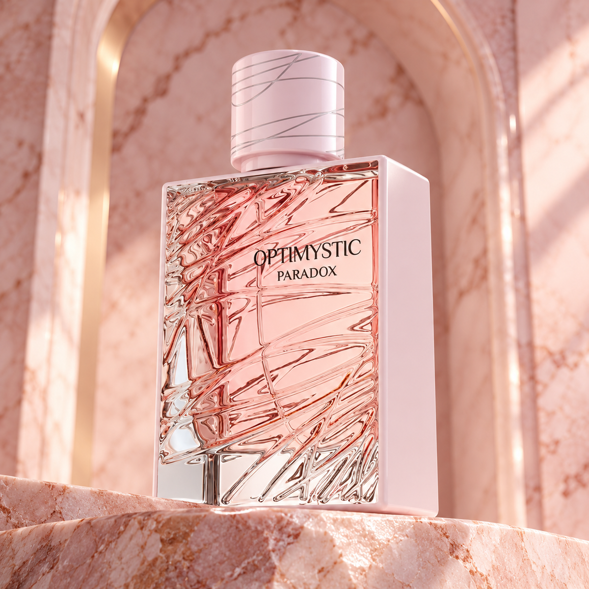 Optimystic Paradox bottle at a three-quarter angle on blush marble