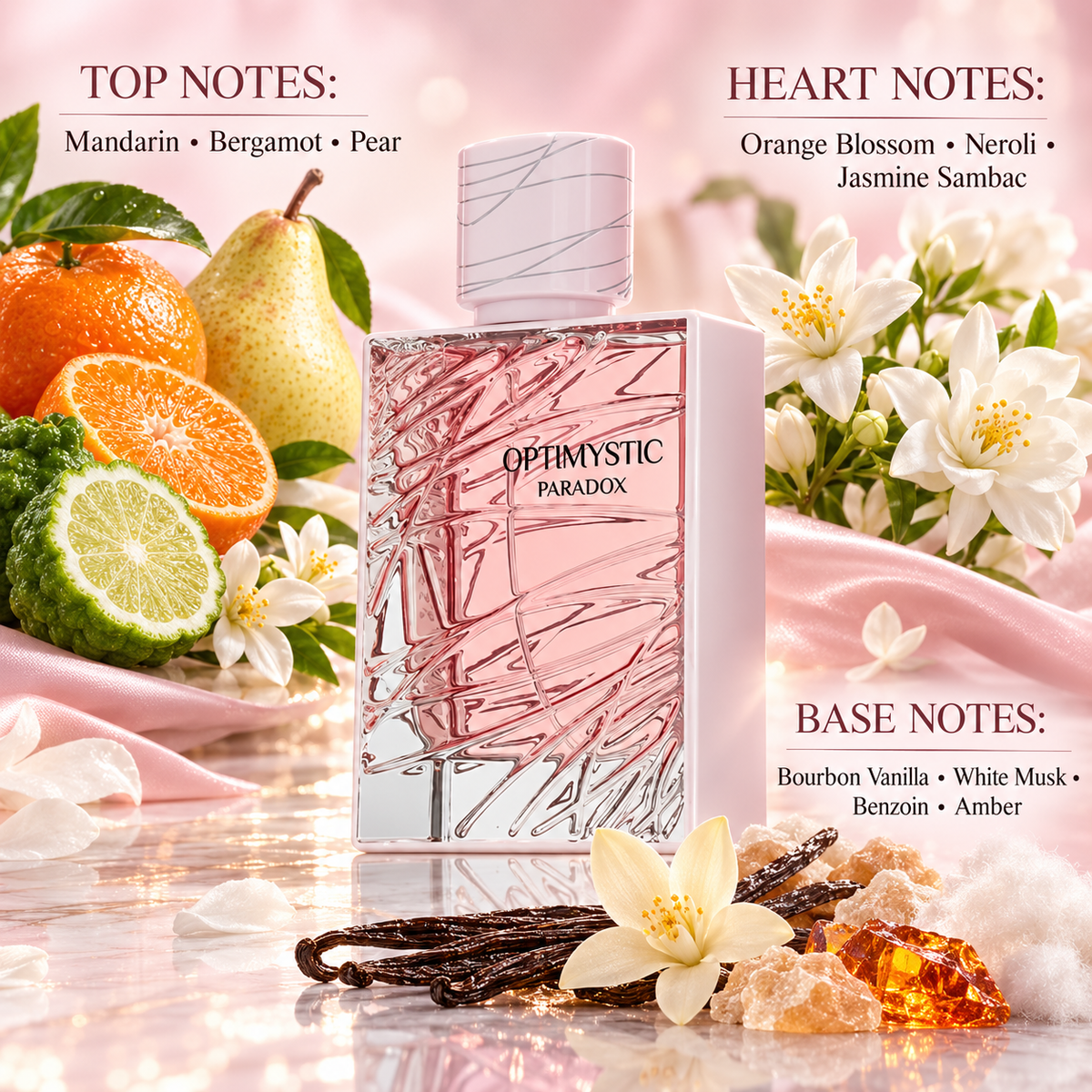Optimystic Paradox notes: mandarin bergamot pear; orange blossom neroli jasmine sambac; bourbon vanilla white musk benzoin amber