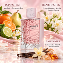 Optimystic Paradox notes: mandarin bergamot pear; orange blossom neroli jasmine sambac; bourbon vanilla white musk benzoin amber