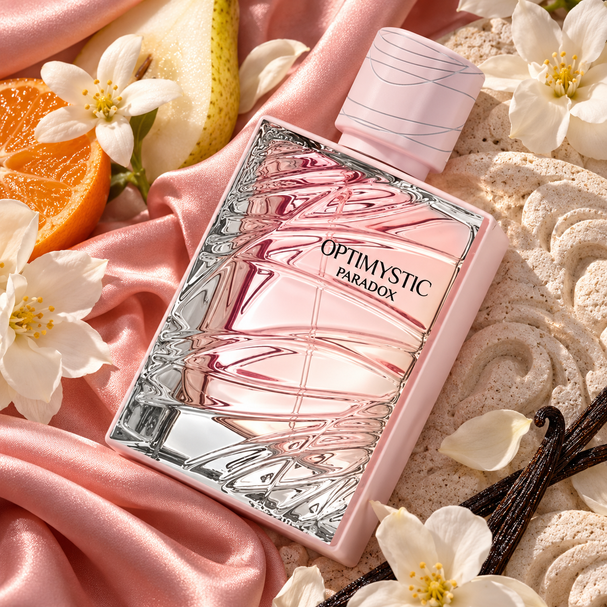 Overhead Optimystic Paradox bottle on pink silk with pear citrus flowers and vanilla