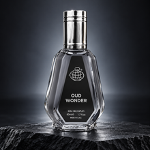 Oud Wonder 50ml smoky glass bottle with silver cap in studio