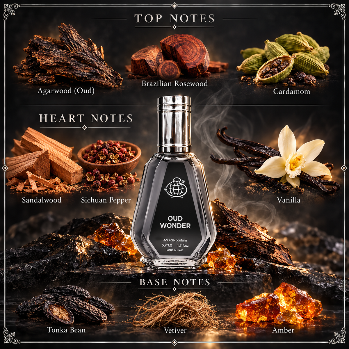 Oud Wonder top heart and base notes with oud cardamom and sandalwood