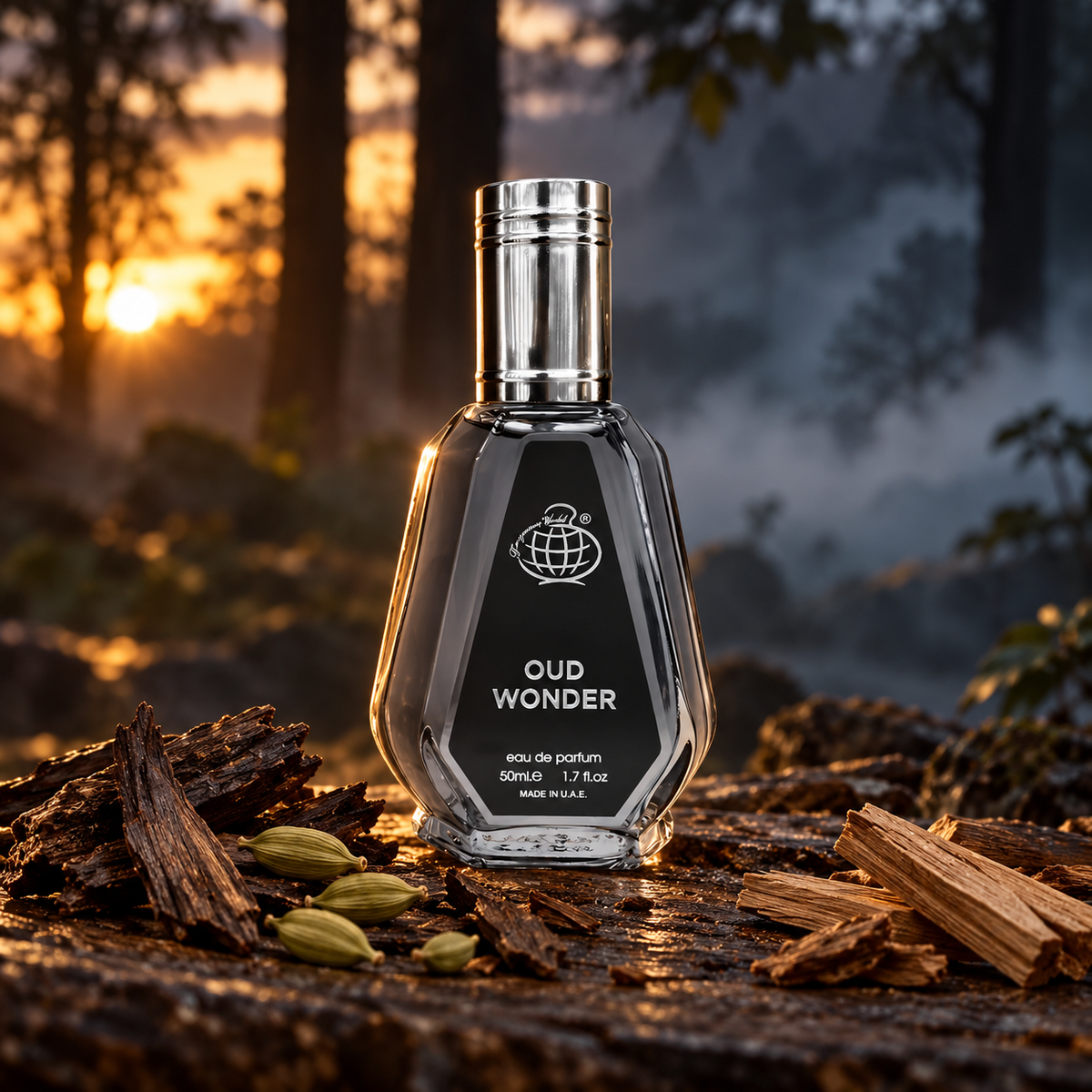 Oud Wonder 50ml perfume with oud cardamom and sandalwood in a forest setting
