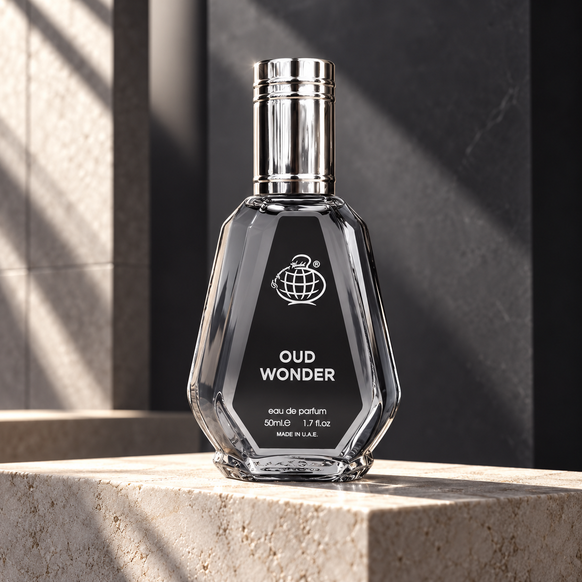 Oud Wonder 50ml bottle on stone pedestal in architectural studio
