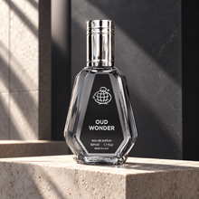 Oud Wonder 50ml bottle on stone pedestal in architectural studio