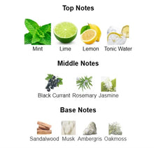 Perfume notes chart showing mint, lime, lemon, tonic water, black currant, rosemary, jasmine, sandalwood, musk, ambergris, and oakmoss.