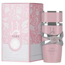 Pink Yara perfume bottle with matching packaging on a white background