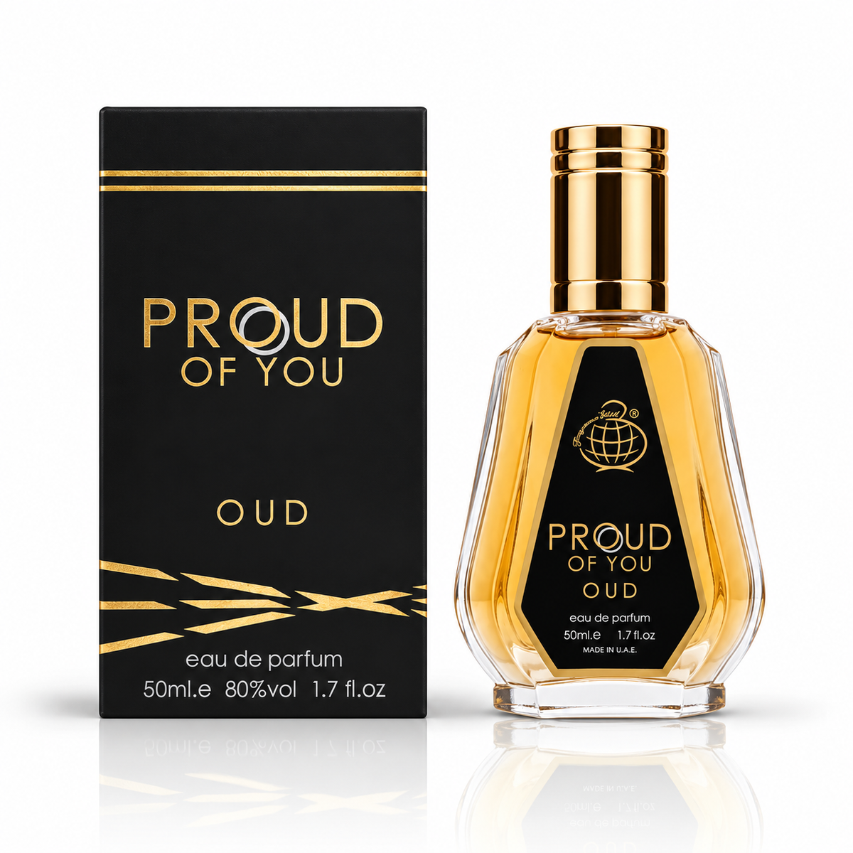 Fragrance World Proud Of You Oud 50ml Eau de Parfum bottle with original black and gold box